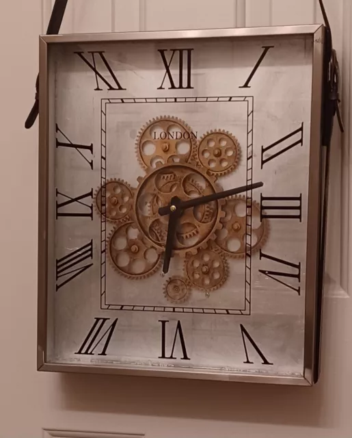 Vintage London Quartz Wall Clock Leather Handle Large Rectangular Clock Mid Cent