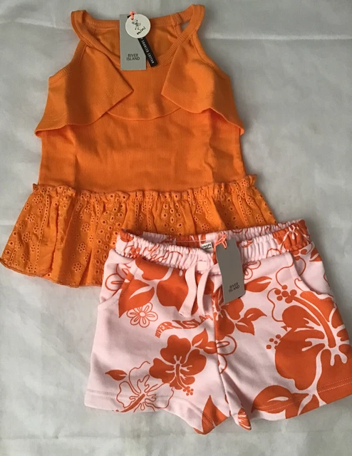 Set pantaloncini top in peplum arancione River Island mini ragazze età 2-3 anni nuovi con etichette