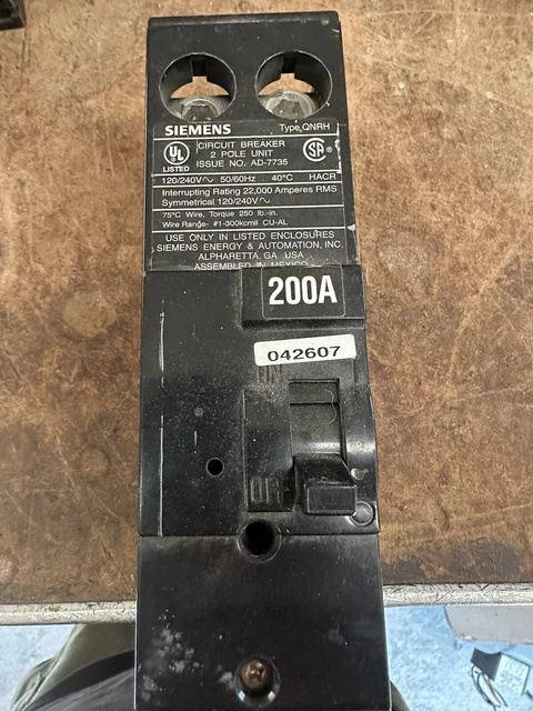 Siemens QNRH 2 Pole 200 Amp 120/240V Main Breaker 