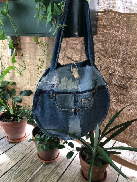 Round Upcycled Denim Jeans Patchwork Basket Style Shoulder Rag Tote  Bag