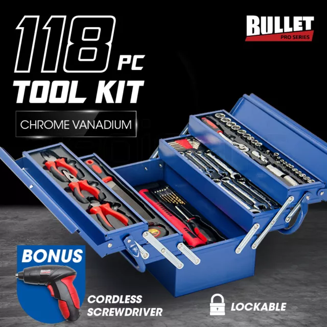 BULLET 118pc Tool Kit Box Set Metal Spanner Organizer Socket Household Toolbox