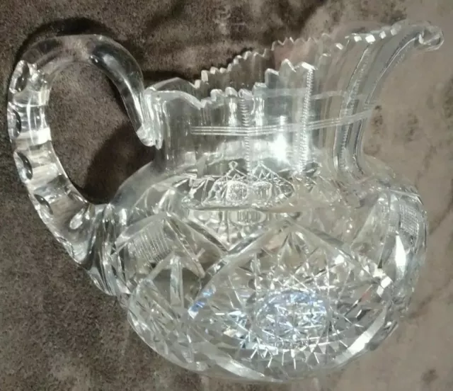 Antique American Brilliant Period, Deep Cut To Clear Crystal Glass Pitcher