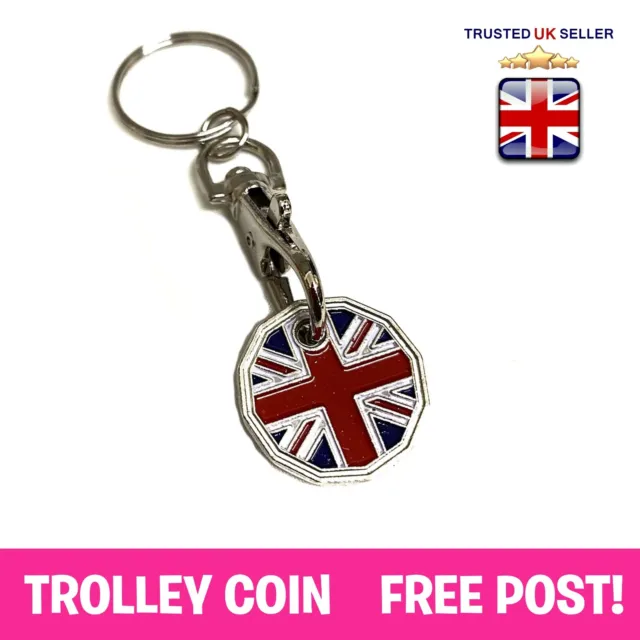 Great Britain GB Union Jack Trolley £1 Pound Coin Token Locker Keyring Key Ring
