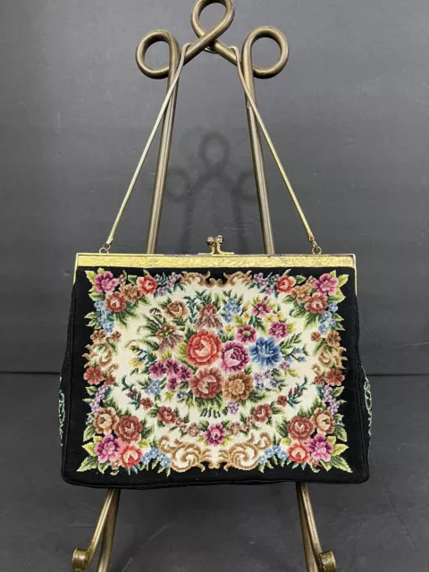 Vtg Tapestry Petit Point Handbag Embroidered Kiss Clasp Ornate Gold Frame Chain