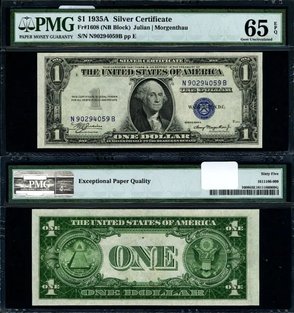 FR. 1608 $1 1935-A Silver Certificate N-B Block Gem PMG CU65 EPQ
