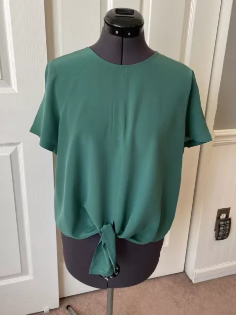 MADEWELL Green Short Sleeve Tie-Hem Button Back 100% Silk Blouse Top M