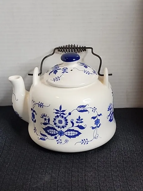 Vintage Teapot Blue Onion Japan Wire Coil Handle Locking Lid 4 Cups