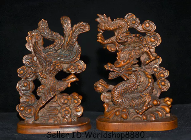 4.2" Antique Old China Boxwood Wood Hand Carved Dragon Phoenix Lucky Statue Pair