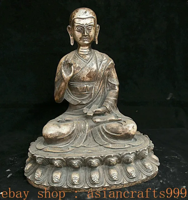 13,6" Altes Tibet Buddhismus Tempel Silber Lama Guru Meister Buddha Lotus Statue