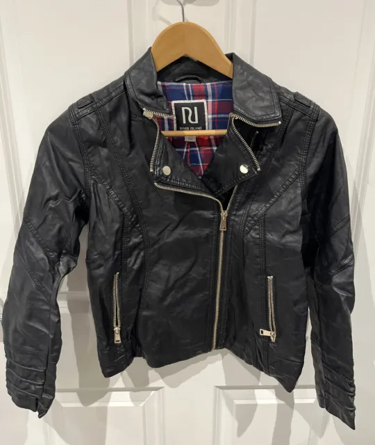 Girls River Island Leather Look Biker Jacket Age 11 Gold Zips buttons Lined (L4)