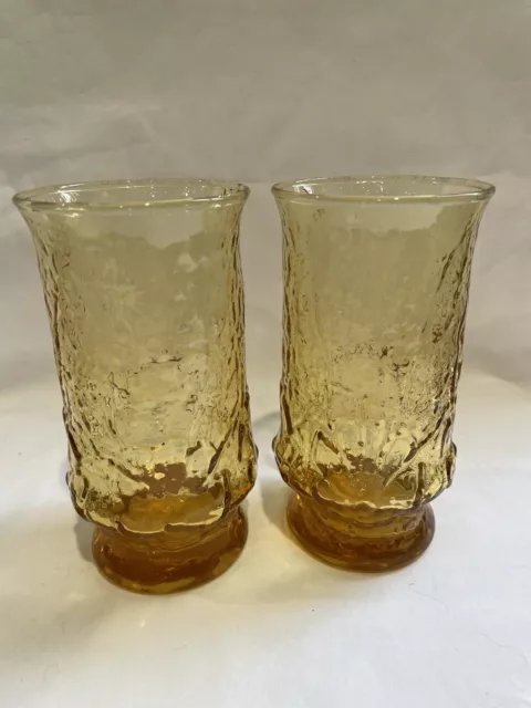 Vintage Anchor Hocking Rainflower  Amber Yellow Glass Tumblers Glasses Set of 2