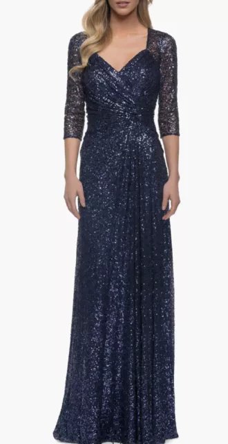 New LA FEMME RUCHED SEQUIN COLUMN GOWN In Navy Size 12 $429