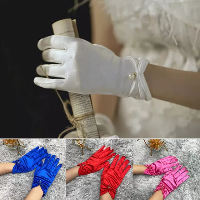 Ladies Short Wrist Gloves Pearl Beads Satin For Party Dress Wedding Prom Evening