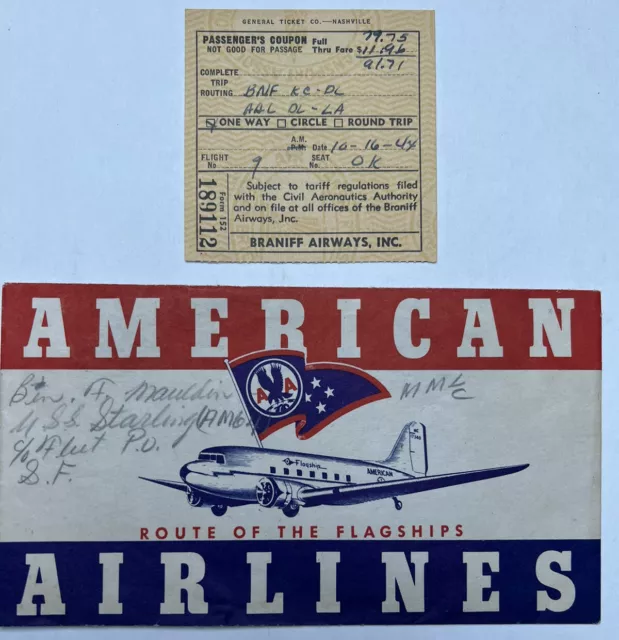 Antique American Braniff Airlines Ticket Holder 1944 BNF AAL OK Airport Coupon