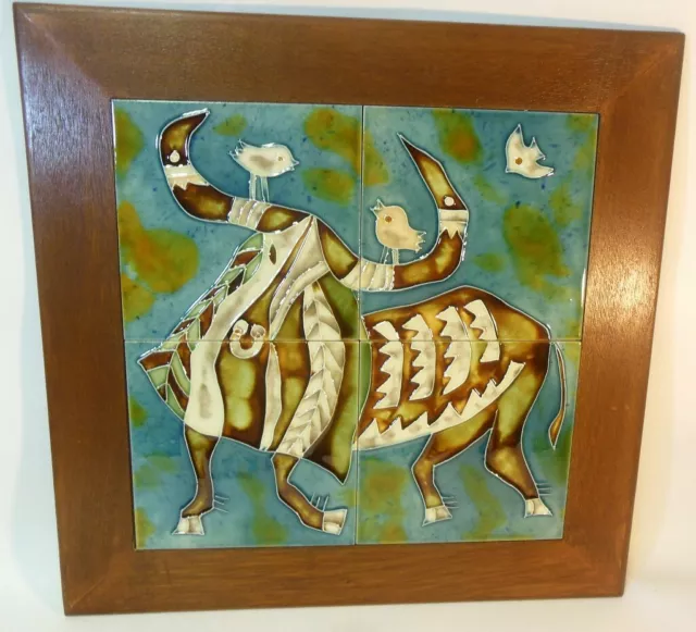 Vtg Asian Chinese ASIAN Tile Art Bull STEER  Birds  Ceramic Pottery SIGNED Happy