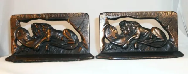 Vintage Bronze Colored Cast Iron Bookends Switzerland's Lion of Lucerne