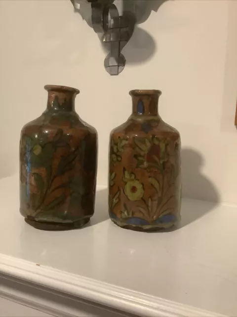 Antique Rare  Pair  Iznik Bottle Flask Vase Persian Qatar Pottery
