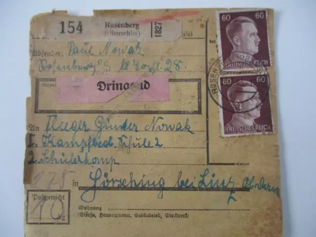 Paketkarte  1827 Rosenberg  Schlesien nach Hörsching Dringend,  1943
