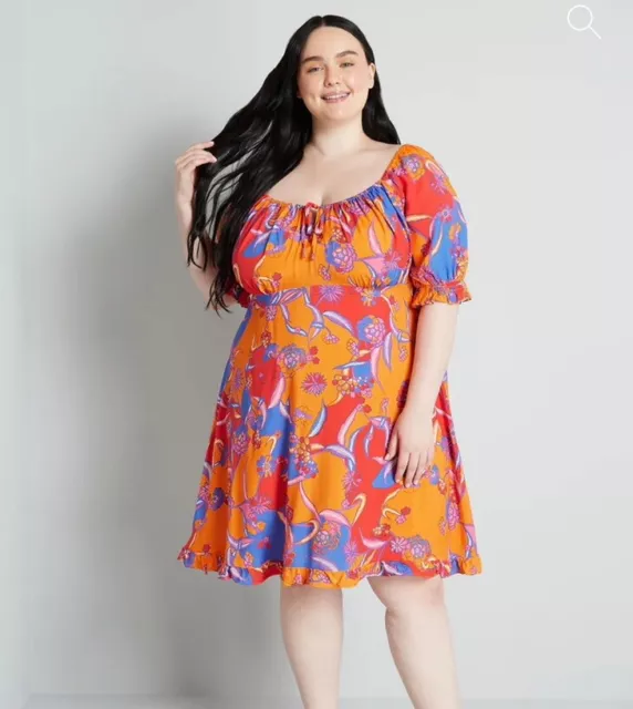 ModCloth Taking a Tropical Twirl Babydoll Orange Psychedelic 60’s Print Dress XL