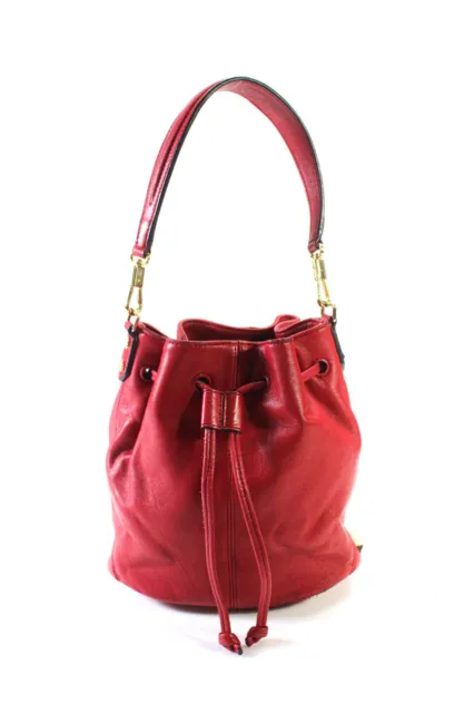 Elizabeth & James Womens Zip Darted Drawstring Studded Mini Bucket Handbag Red