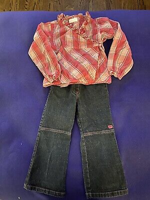 Jacadi Paris Denim Jeans + Wrap Blouse Top Shirt Set Outfit 4/4t EUC $98