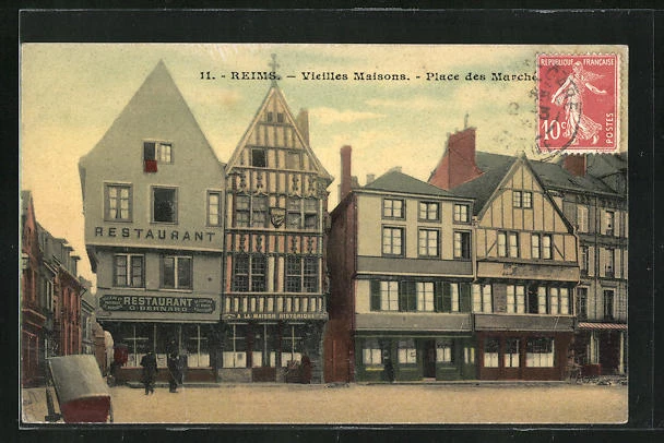 CPA Reims, Vieilles Maisons et Restaurant, Place des Marches