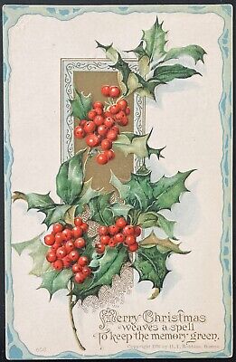 Christmas Postcard C.1908 (M44)~Embossed Holly Berries H.i. Robbins Design