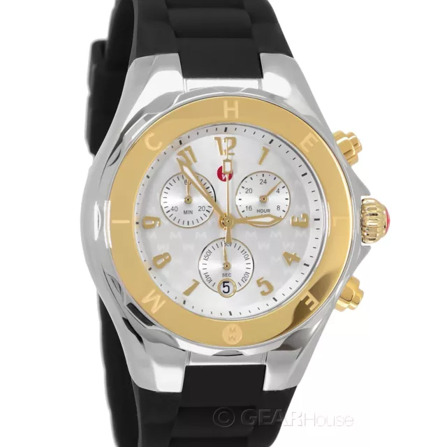 MICHELE Jelly Bean Womens 18K Gold Chronograph Watch, Silver Dial Black Silicone