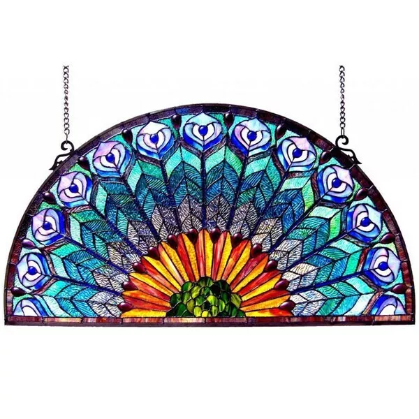 Stained Glass Peacock Design Tiffany Style Window Panel Suncatcher 35inW x 18inH