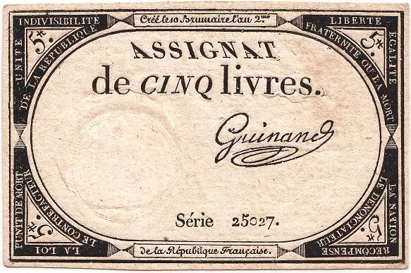 France Billet Révolution Française Assignat de Cinq Livres (AN 2)