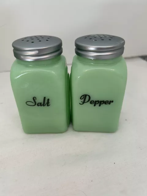 NEW Jadeite Green Glass Arch Salt & Pepper Shaker Set Black Script Lettering 4"