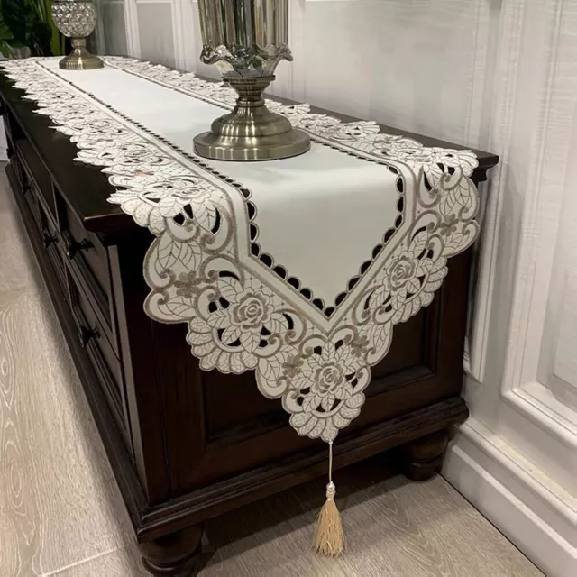 Vintage Embroidery Cutwork Lace Tablecloth Doilies Dining Kitchen Table Runner 2