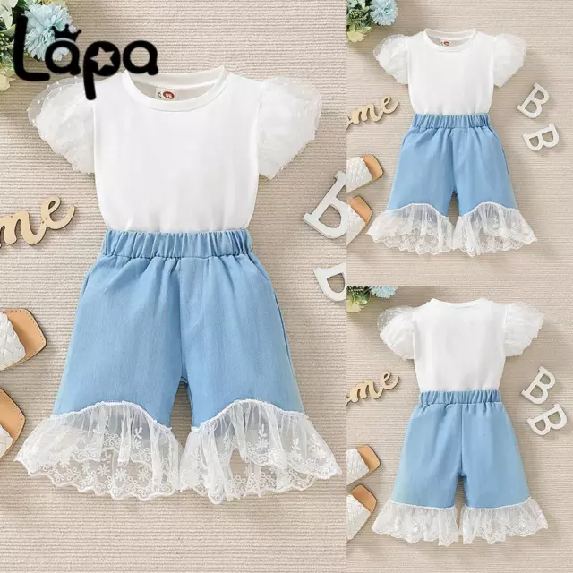 Kids Baby Girls Mesh Short Sleeve Tops Lace Denim Flared Pants Jeans Outfits Set