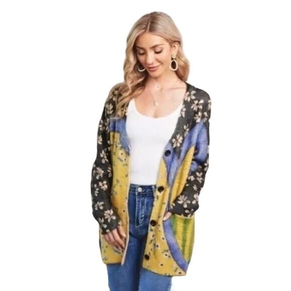 YESNO Cardigan Sweater Women Open Front Graphic Knit Tops with Pockets size 3X