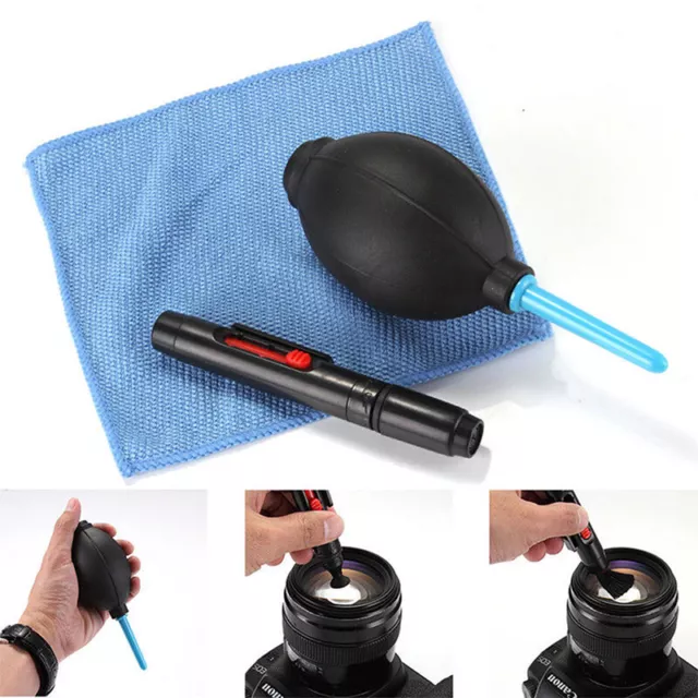 3 in 1 Lens Cleaner Set DSLR VCR Camera Pen Brush Dust Blower Cleaning Cloth -xd