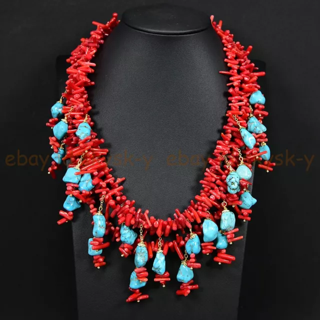 Natural Red Coral Chip Turquoise Irregular Gems Beads Pendant Necklace 18''