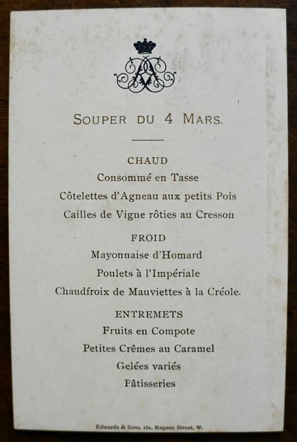 MENU ,  ARMOIRIES ROYALES , 4 MARS , 90 mm X 140 mm, sur carton fort.( 1930 ? )