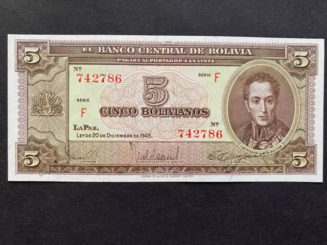 BOLIVIA, 1945, Billete Banco Central de Bolivia, CINCO BOLIVIANOS, Serie F, Unc