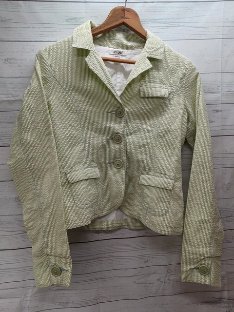 AT LAST Seersucker Striped Blazer Jacket Lined Girls Green White Striped Sz S