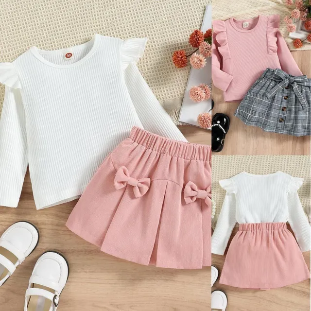 2PCS Toddler Kids Baby Girls Ruffle Ribbed Tops Skirt Set Party Outfits Clothes