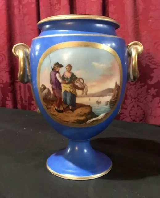 Antique Old Paris Porcelain Handled Scenic Pictorial Urn Vase