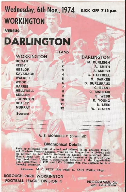 Football Programme>WORKINGTON v DARLINGTON Nov 1974