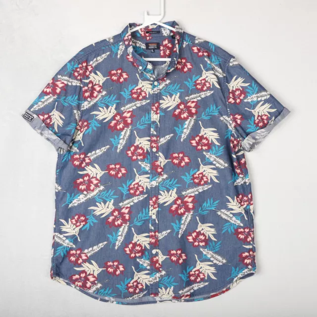 Camicia hawaiana SUPERDRY da uomo 3XL XXL blu floreale manica corta abbottonata vestibilità slim