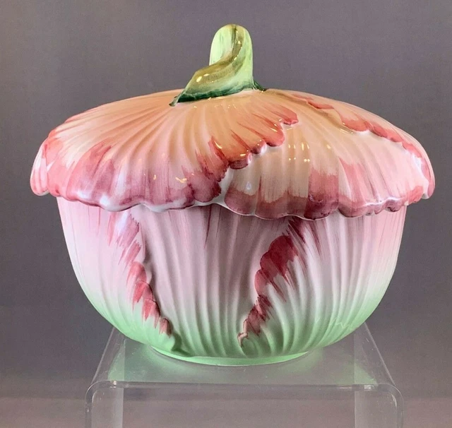 Vintage Italian Majolica Art Pottery Scalloped Pink & Green Covered Bowl, 6” 2