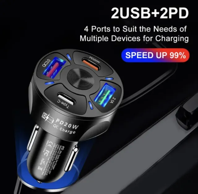 4 Port Fast Car Charger Pd 20w, Qc3.0, Usb, Type C Universal For Samsung Iphone