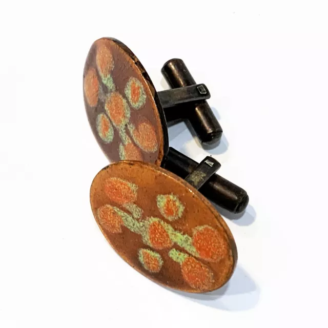 Vintage ENAMELED COPPER CUFFLINKS  - Retro  Orange Abstract, Handcrafted 2