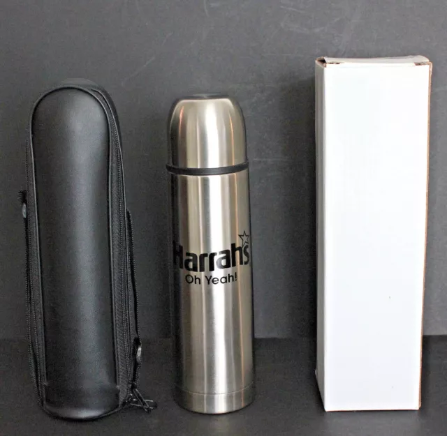 HARRAHS CASINO Large Flask and Carrying Case Stainless Steel Hard to Find NEW