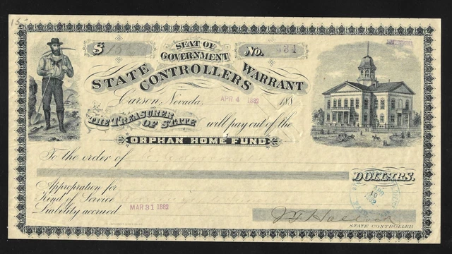 Nevada État Mandat - 1882 - Orphelin Domestique Fonds - XF / Au État