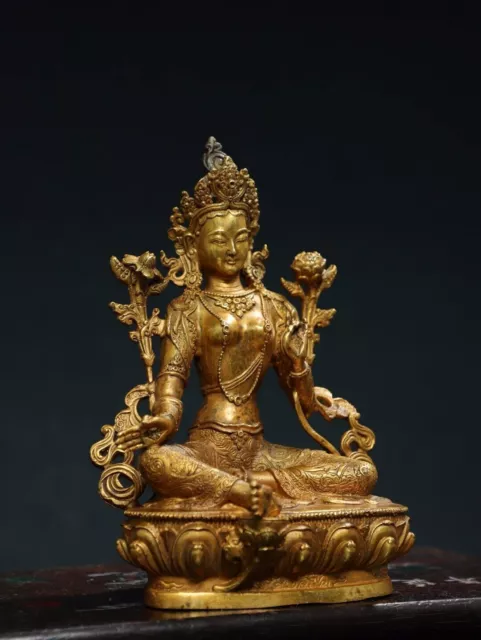 8.3" China old Tibetan Buddhism Temple Bronze 24k gilt Green Tara Buddha statue