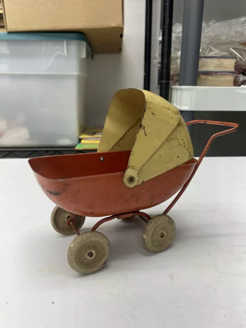 Vintage Wyandotte Tin Doll Buggy Carriage Stroller, Rubber Wheels Red and Yellow